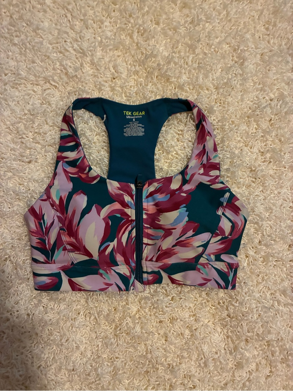 tek gear teal floral front-zip racerback sports bra with pink accents